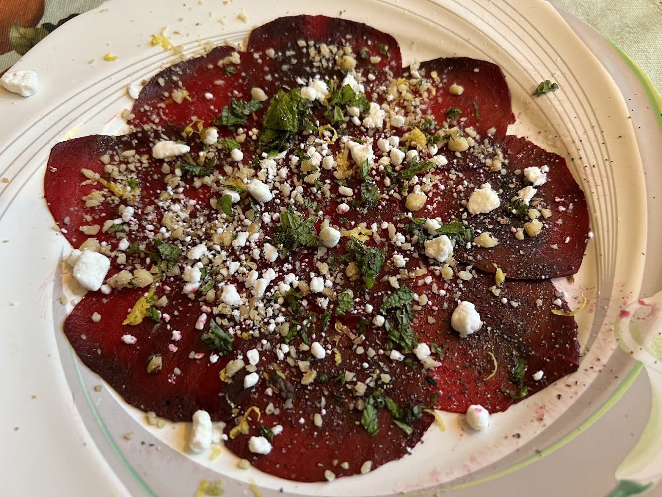 Beet carpaccio with mint, pistachio, and feta